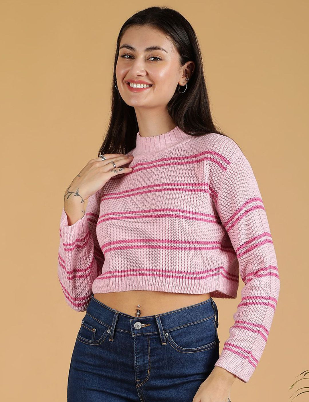 Kotty Women Striped Round Neck Crop Pullover Sweater 