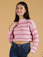 Kotty Women Striped Round Neck Crop Pullover Sweater 