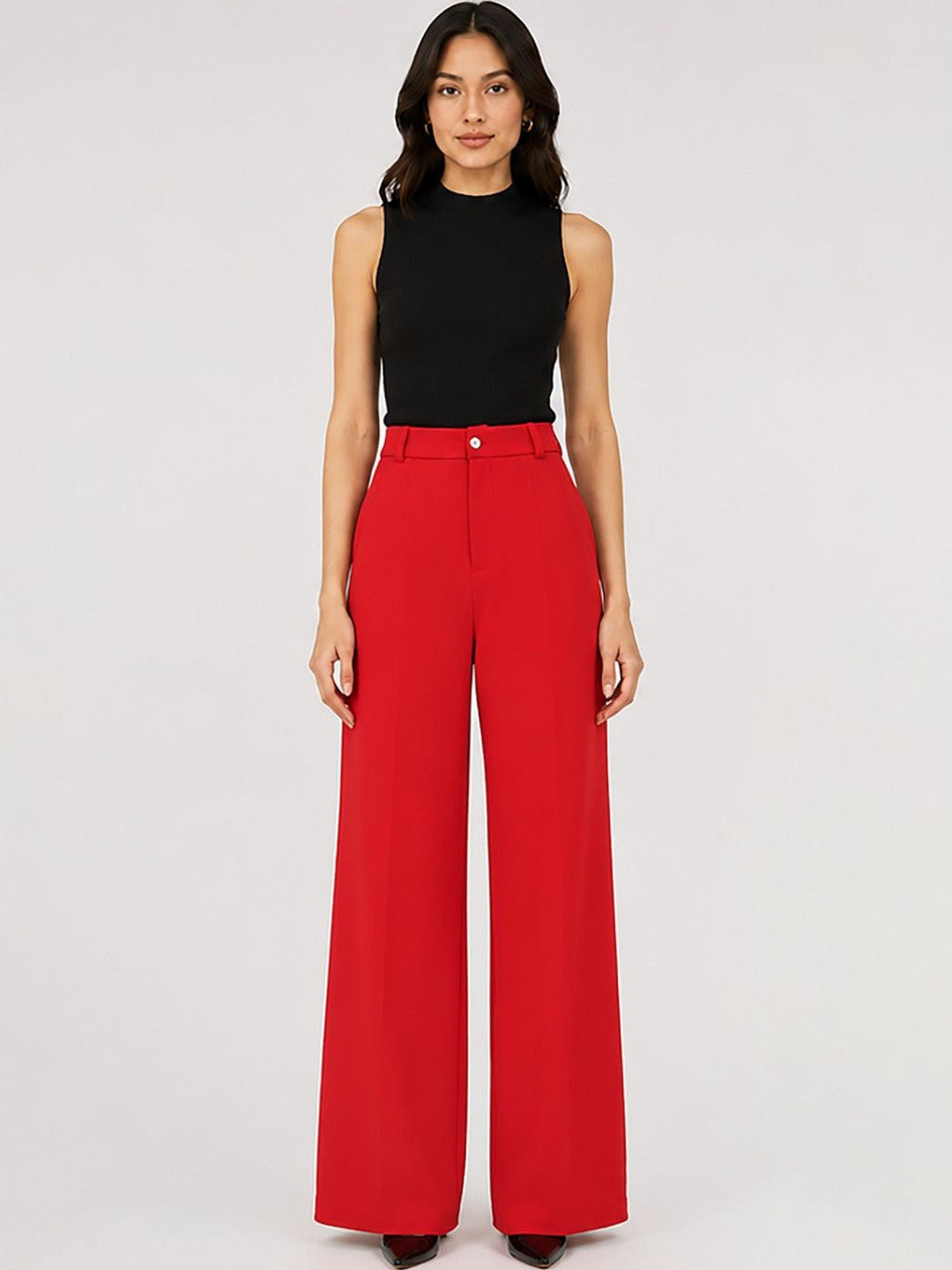 Red Relaxed Fit High-Rise Trousers for Women | Kotty