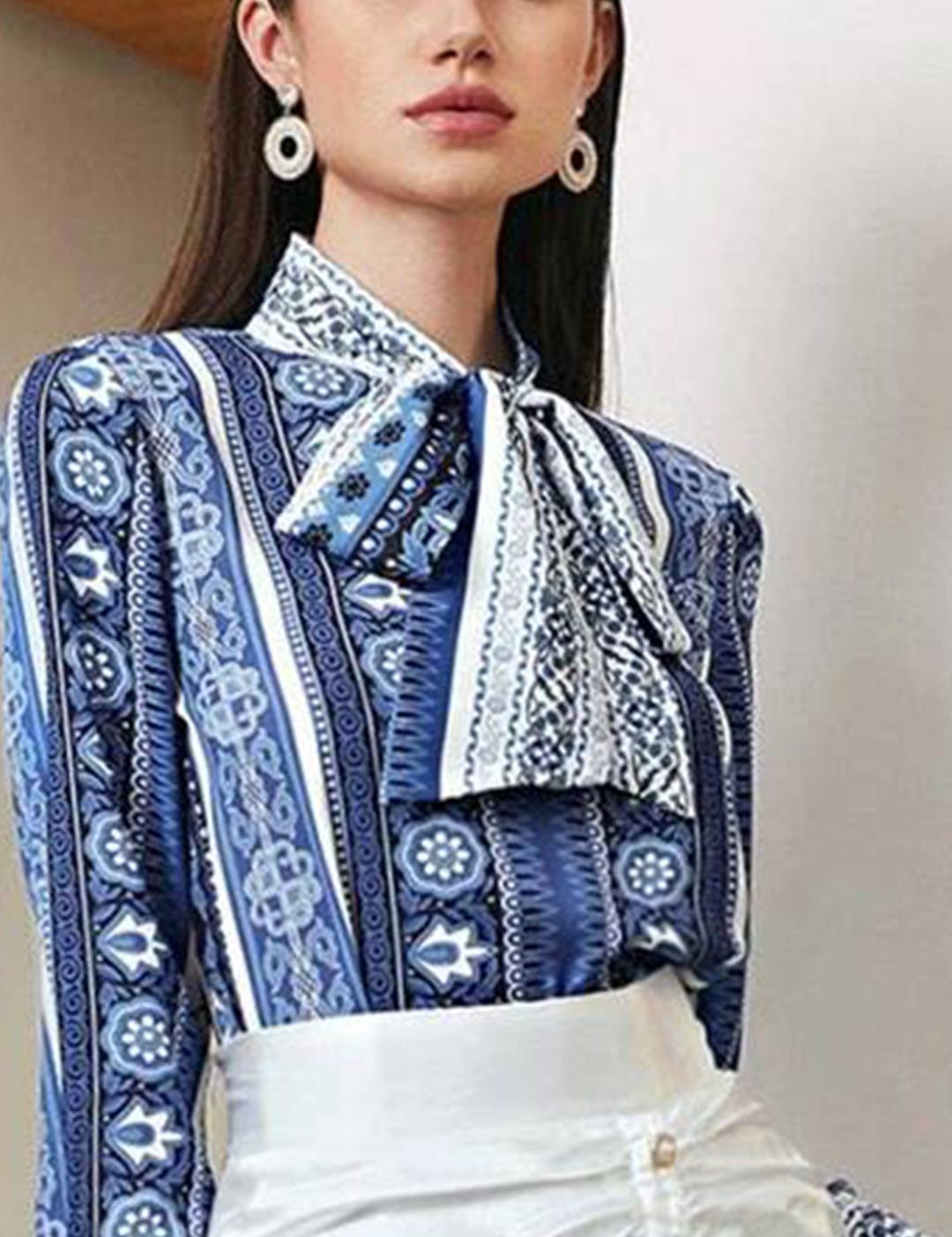 Kotty Floral Print Tie-Up Neck Crepe Shirt Style Top