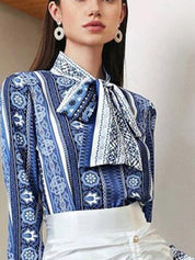 Kotty Floral Print Tie-Up Neck Crepe Shirt Style Top