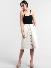 Kotty Women Cream-Coloured Solid Denim Denim A-Line Skirt