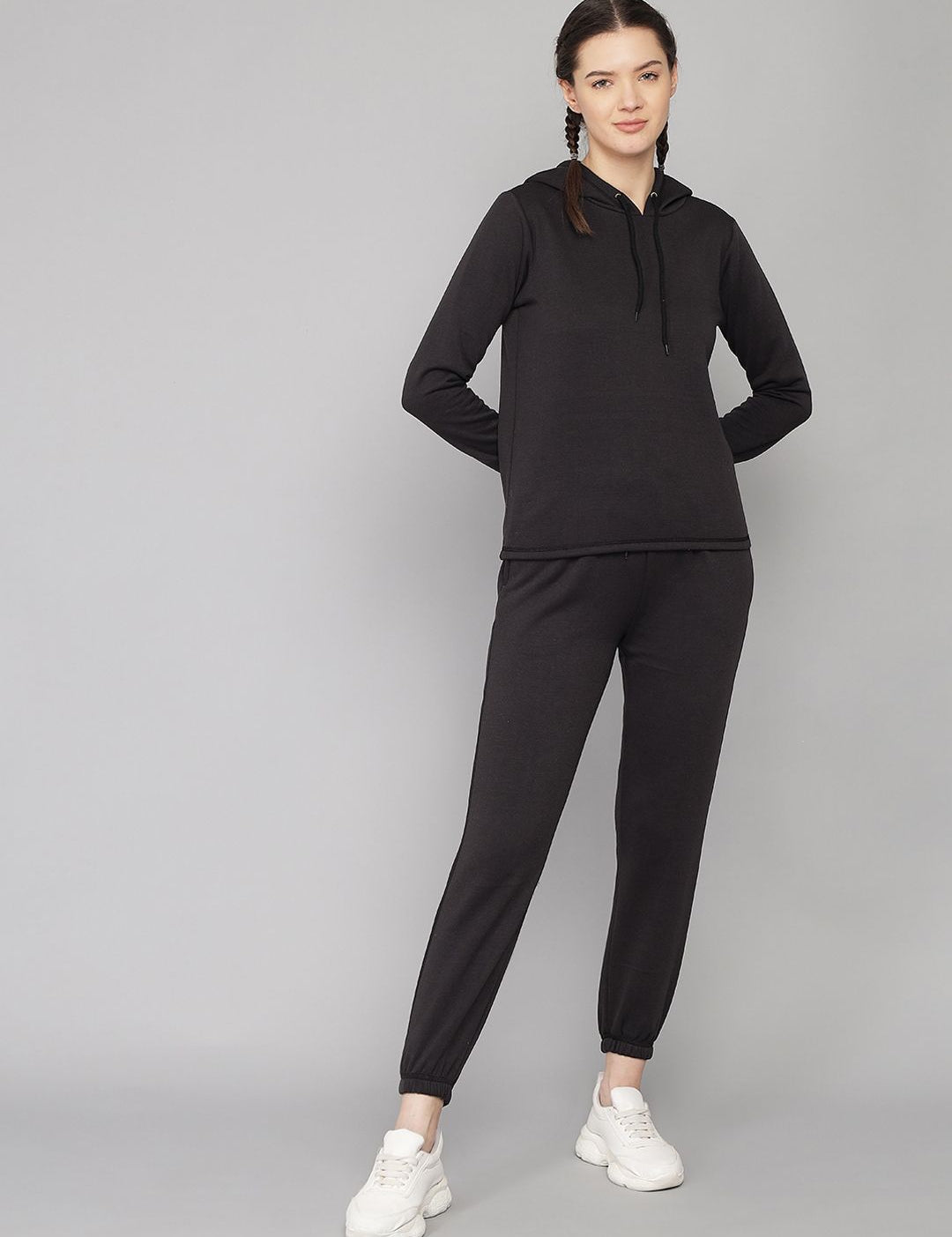 Kotty Black Solid Hooded Regular Fit Winter Sweatshirt & Joggers Set