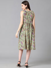 Kotty Sea Green & Purple Ethnic Motif Printed Tie-Up Shoulder Strap Fit & Flare Dress