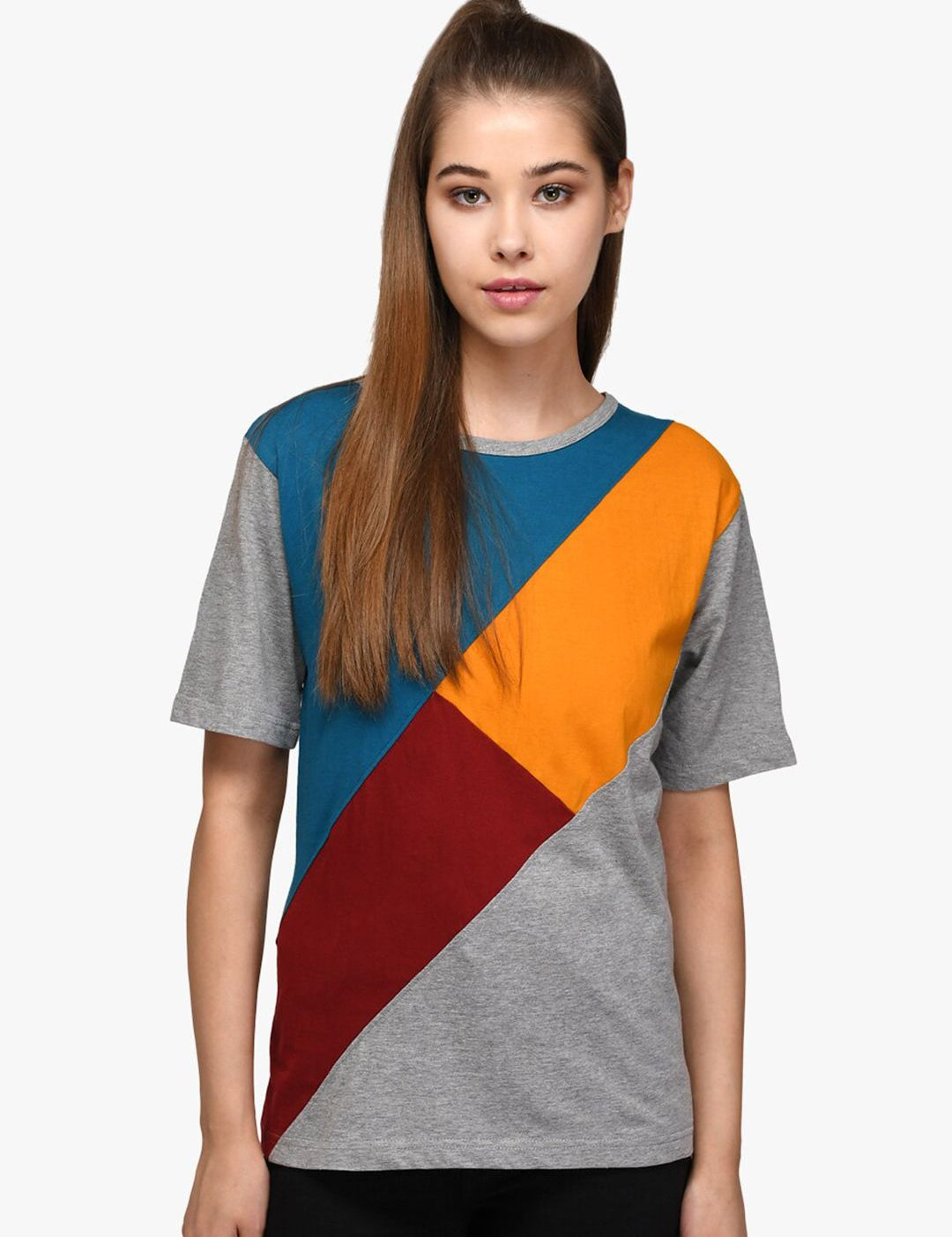 Kotty Women Pack Of 2 Orange & Grey Colourblocked Round Neck T-shirt