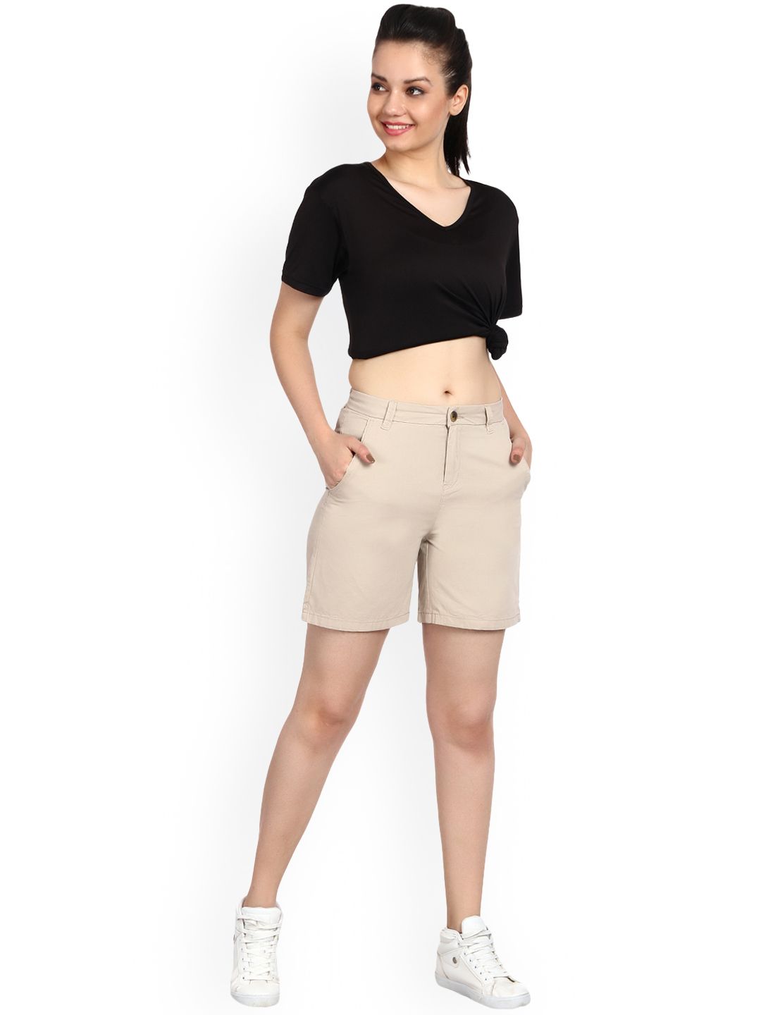 Kotty Women Beige Solid Regular Fit Regular Shorts