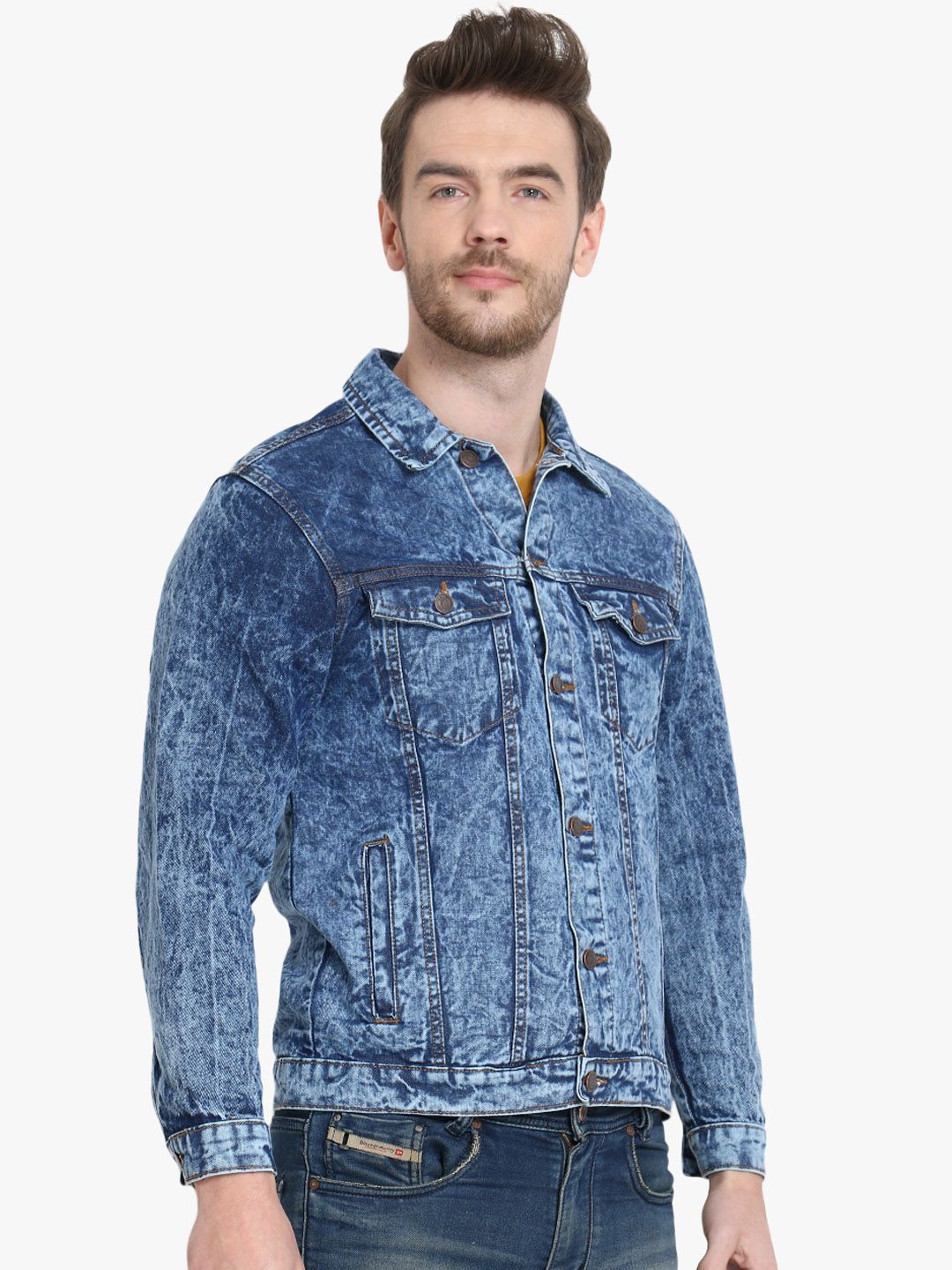 Kotty Men Blue Solid Denim Jacket