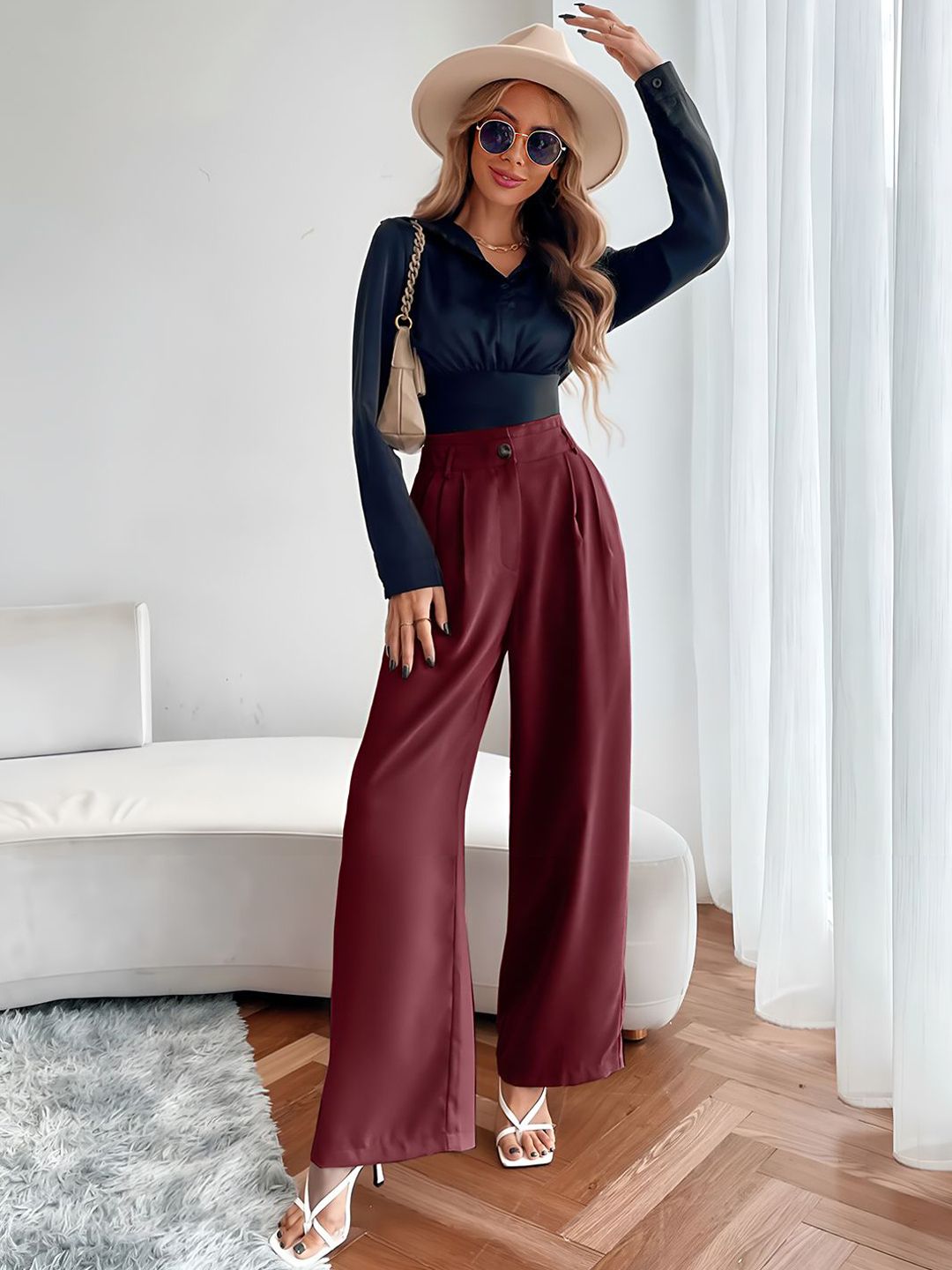 Kotty Women Relaxed Straight Fit High-Rise Easy Wash Pleated Parallel Trousers