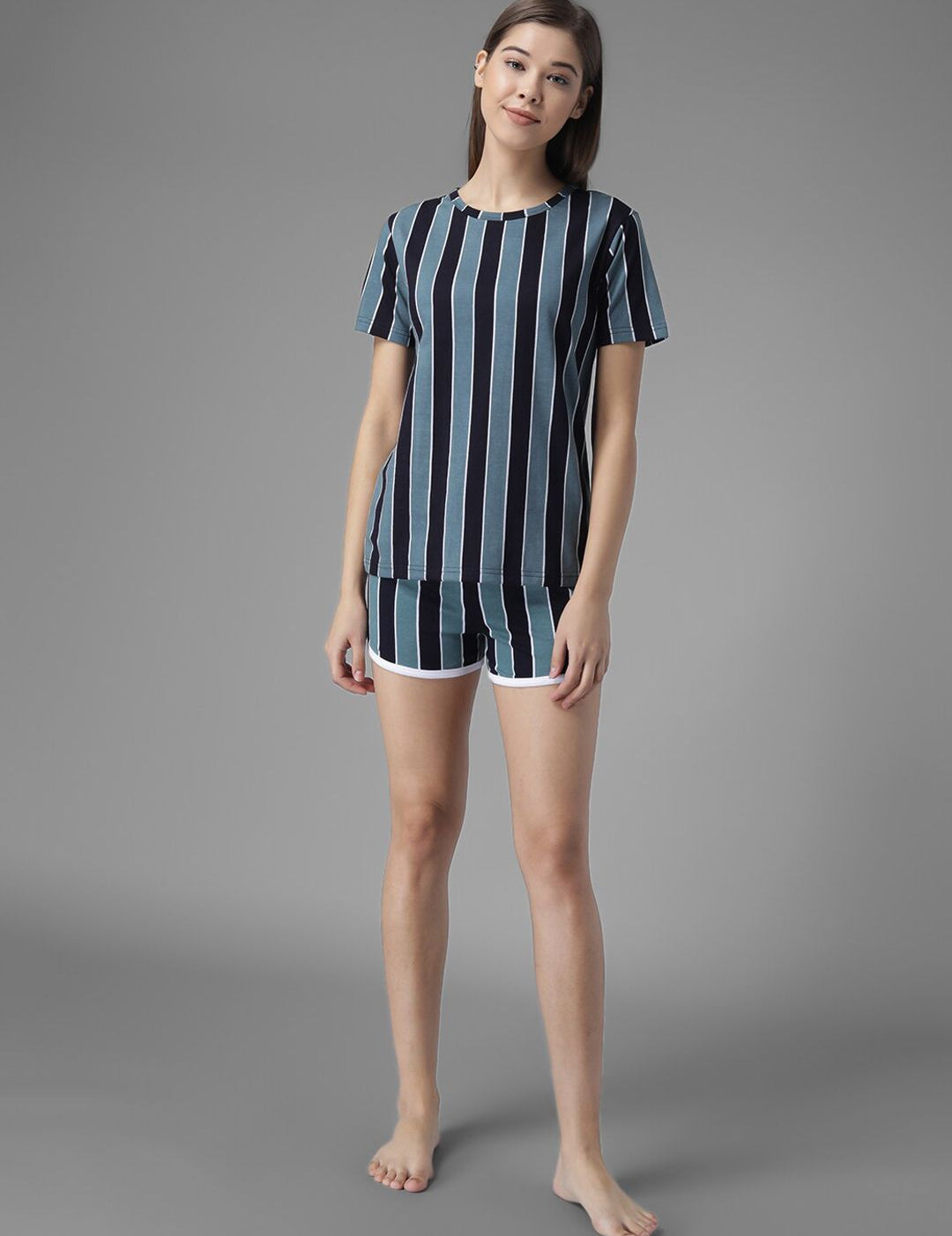 Kotty Women Blue & Black Striped Night Suit