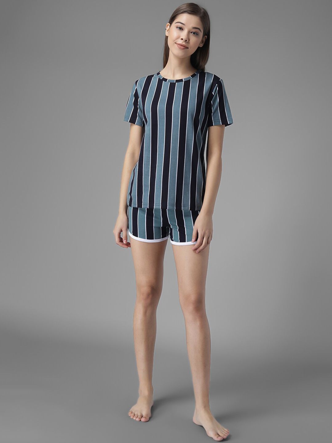 Kotty Women Blue & Black Striped Night Suit