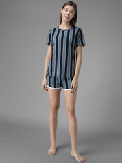Kotty Women Blue & Black Striped Night Suit