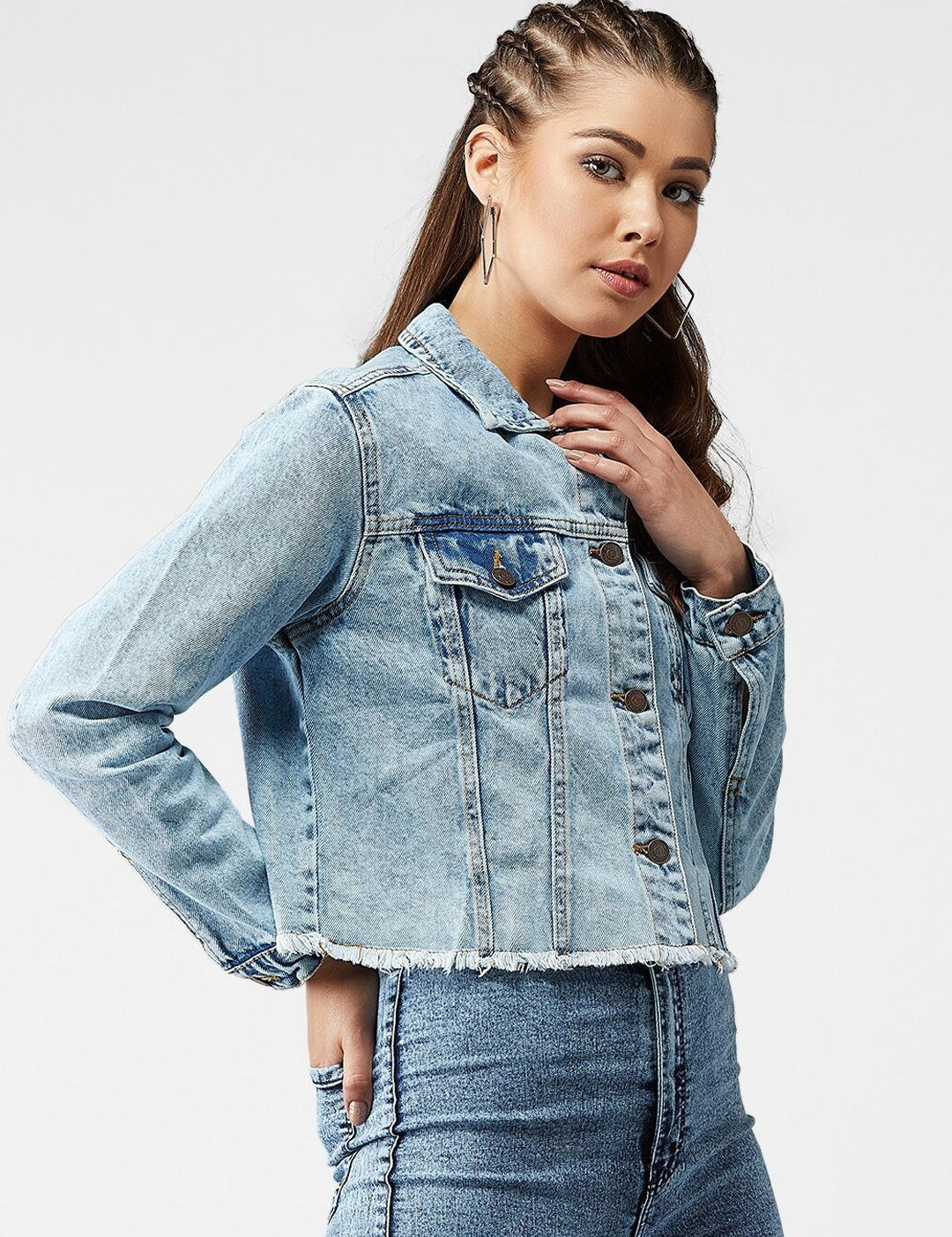 Kotty Women Blue Solid Crop Denim Jacket