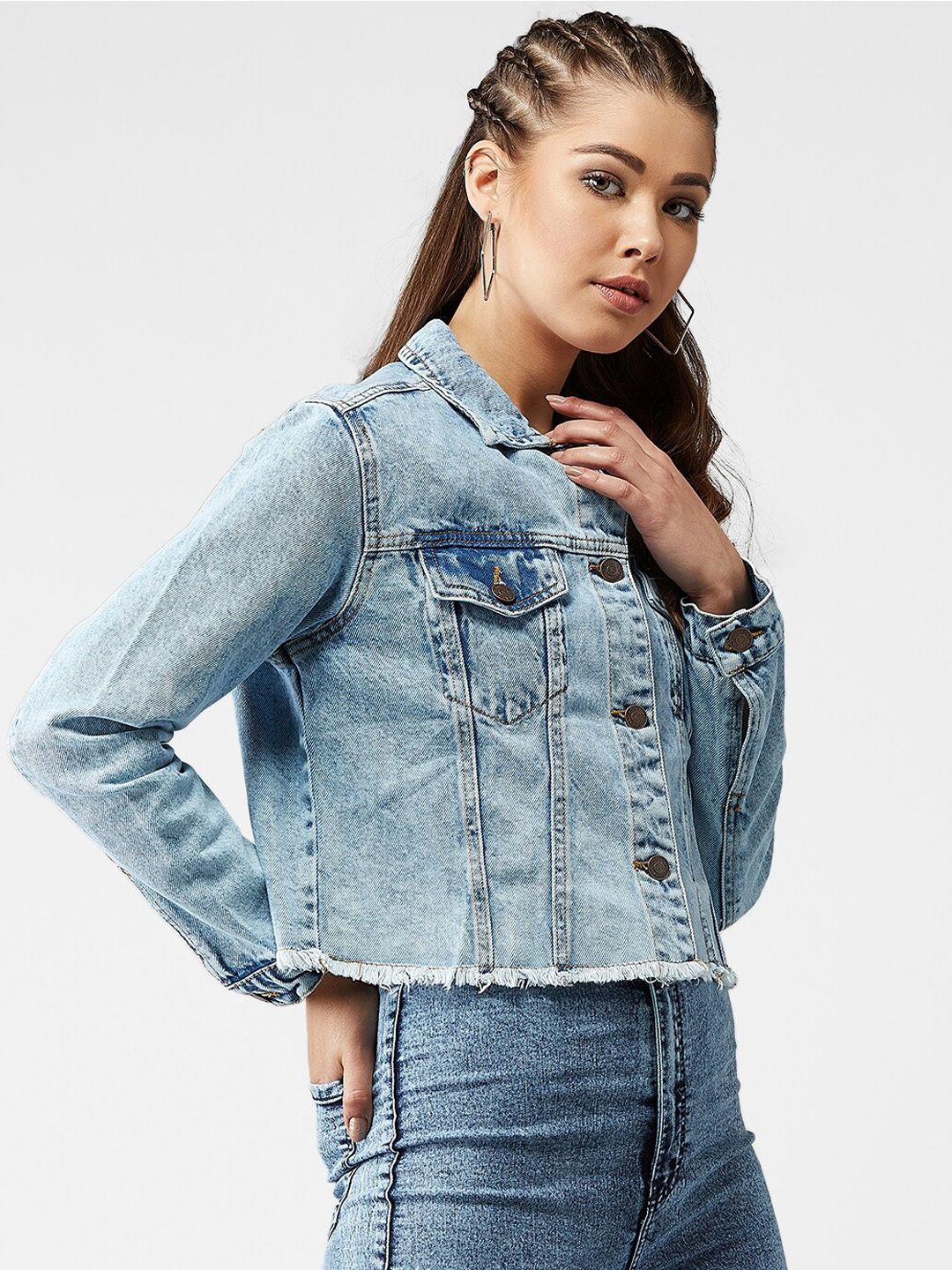 Kotty Women Blue Solid Crop Denim Jacket