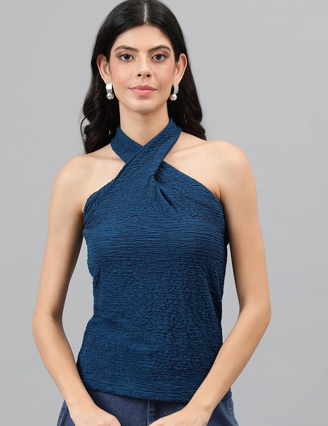 Kotty Blue Self Design Sleeveless Top