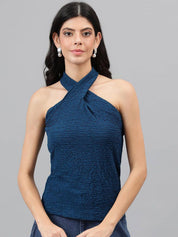 Kotty Blue Self Design Sleeveless Top