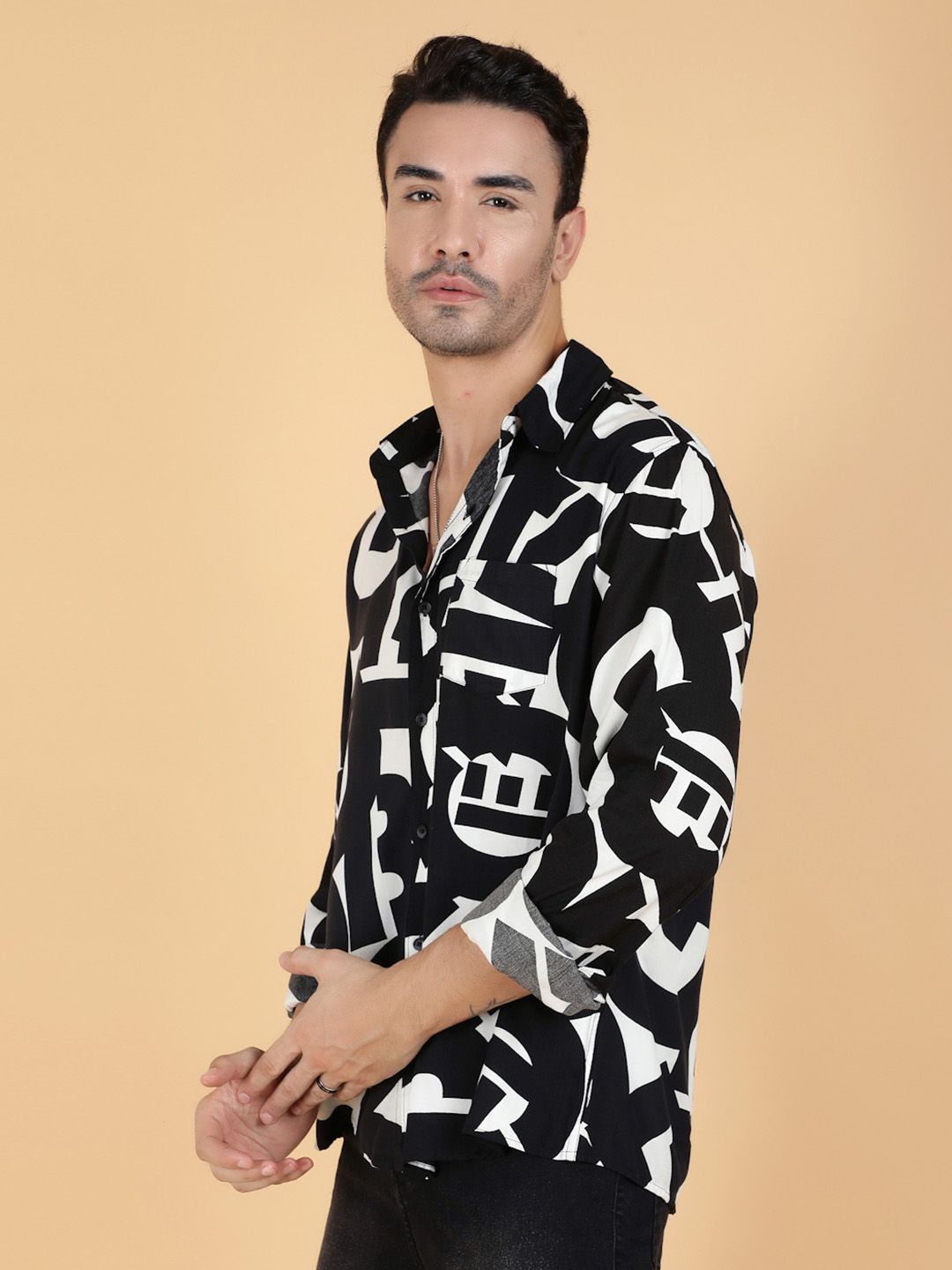 Kotty Men Relaxed Spread Collar Graphic Printed Cotton Casual Shirt