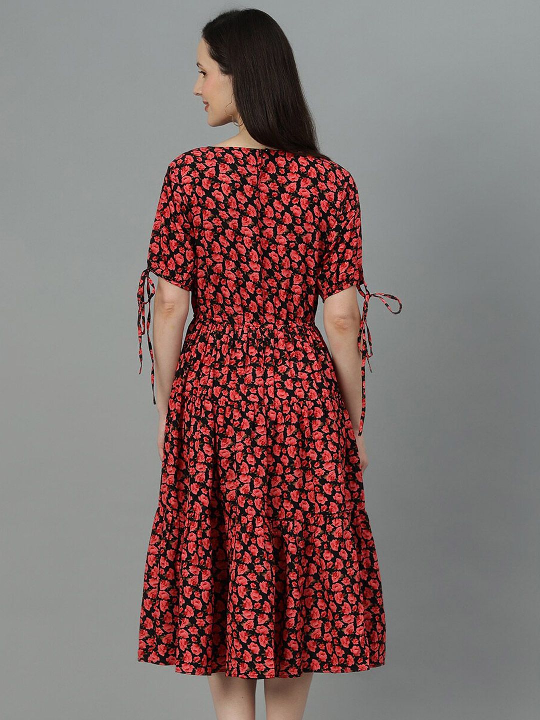 Kotty Red & Black Floral Print A-Line Midi Dress