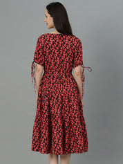 Kotty Red & Black Floral Print A-Line Midi Dress