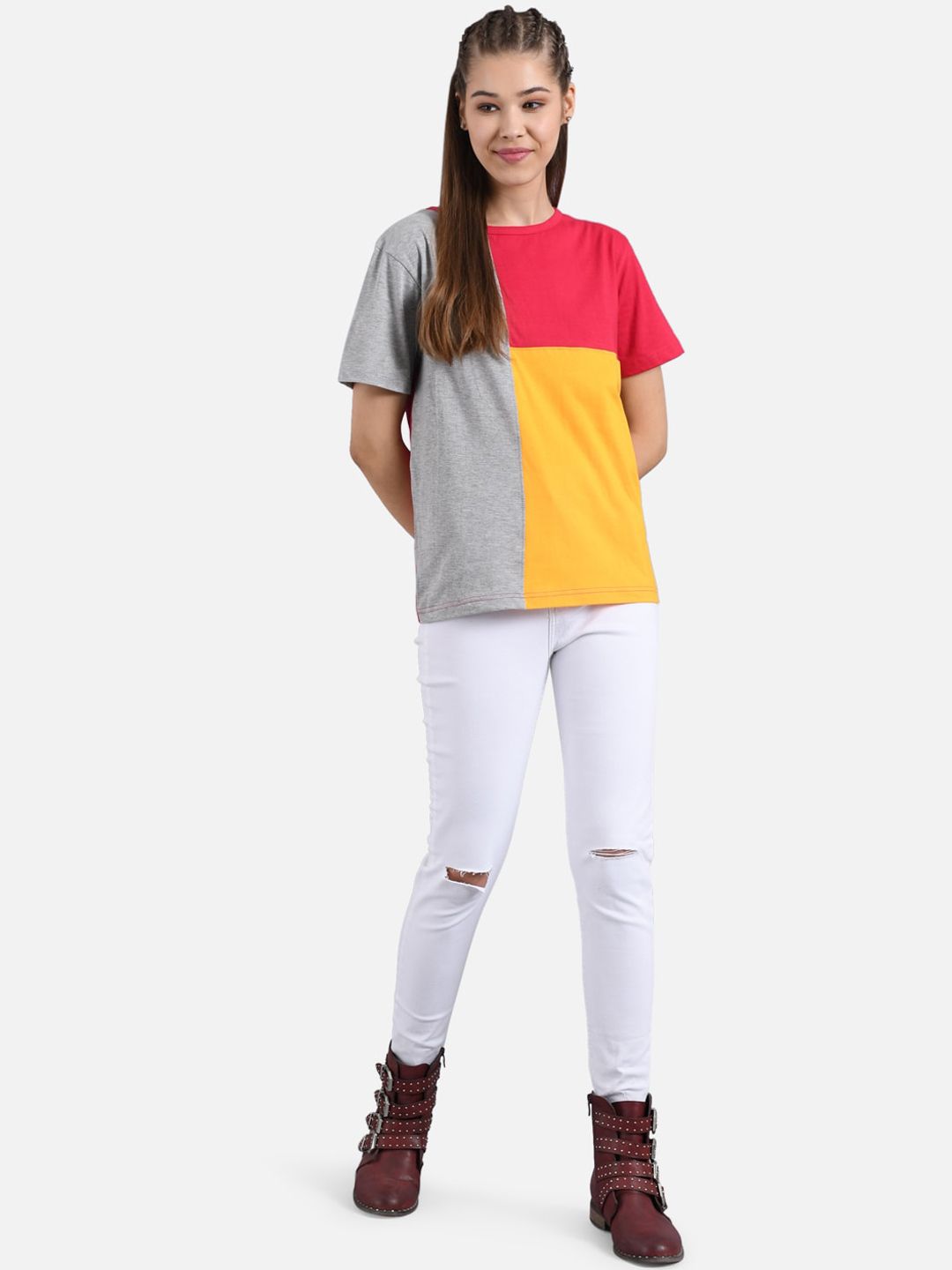 Kotty Women Red And Yellow Colourblocked Round Neck T-shirt