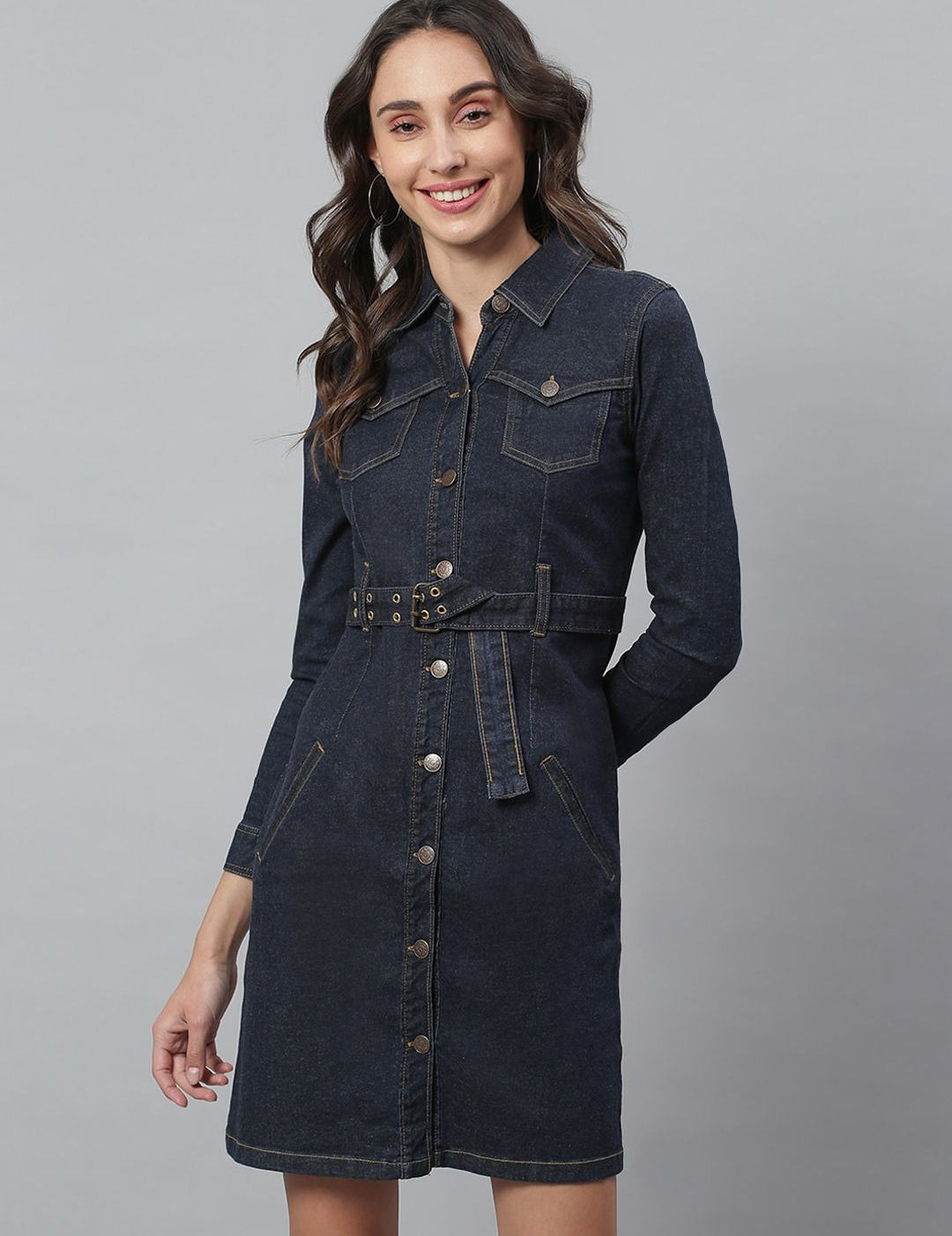 Kotty Women Blue Solid Denim Shirt Dress & Belt