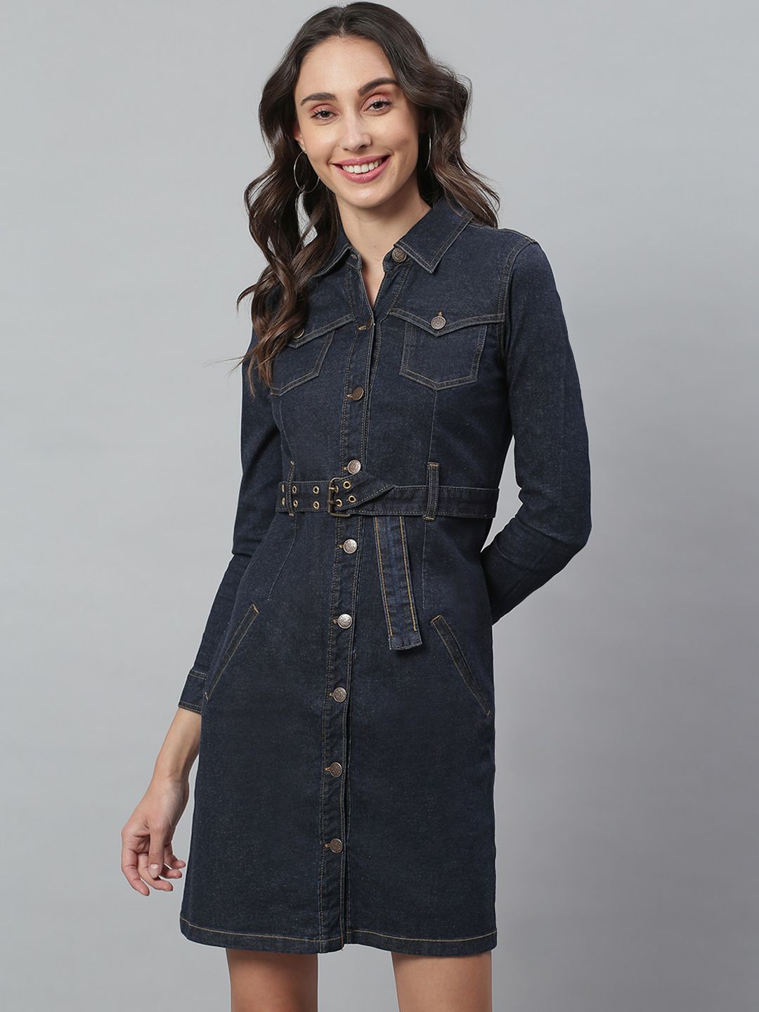 Kotty Women Blue Solid Denim Shirt Dress & Belt