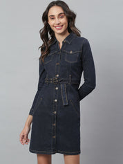 Kotty Women Blue Solid Denim Shirt Dress & Belt