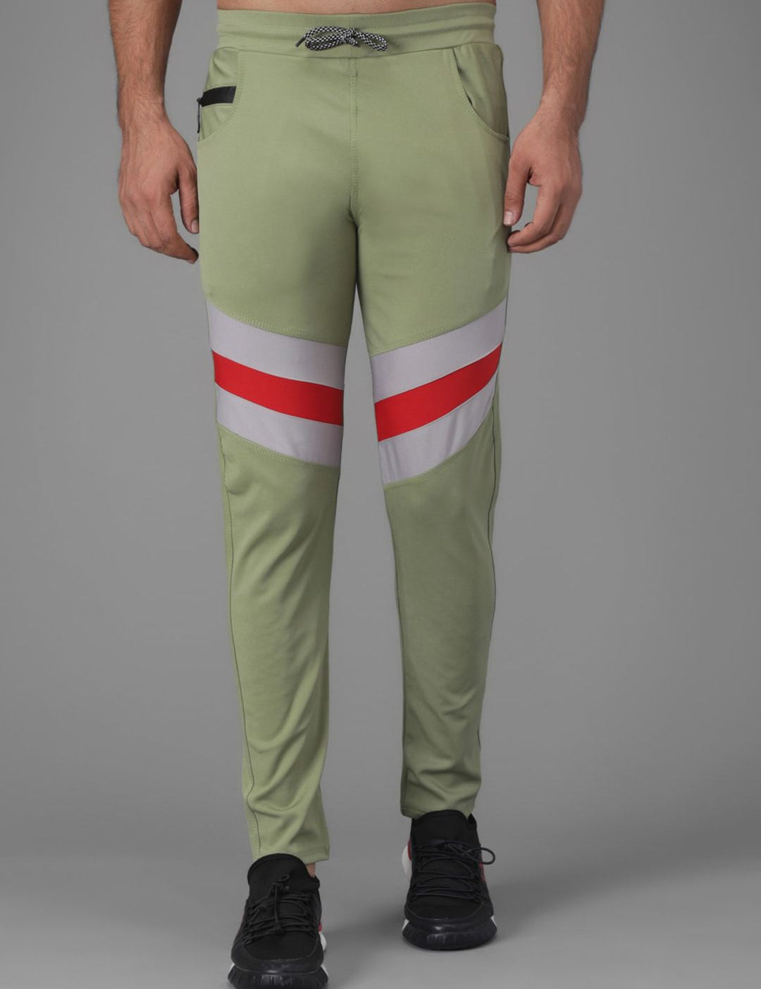 Kotty Men Green & Grey Striped Straight Fit Track Pants