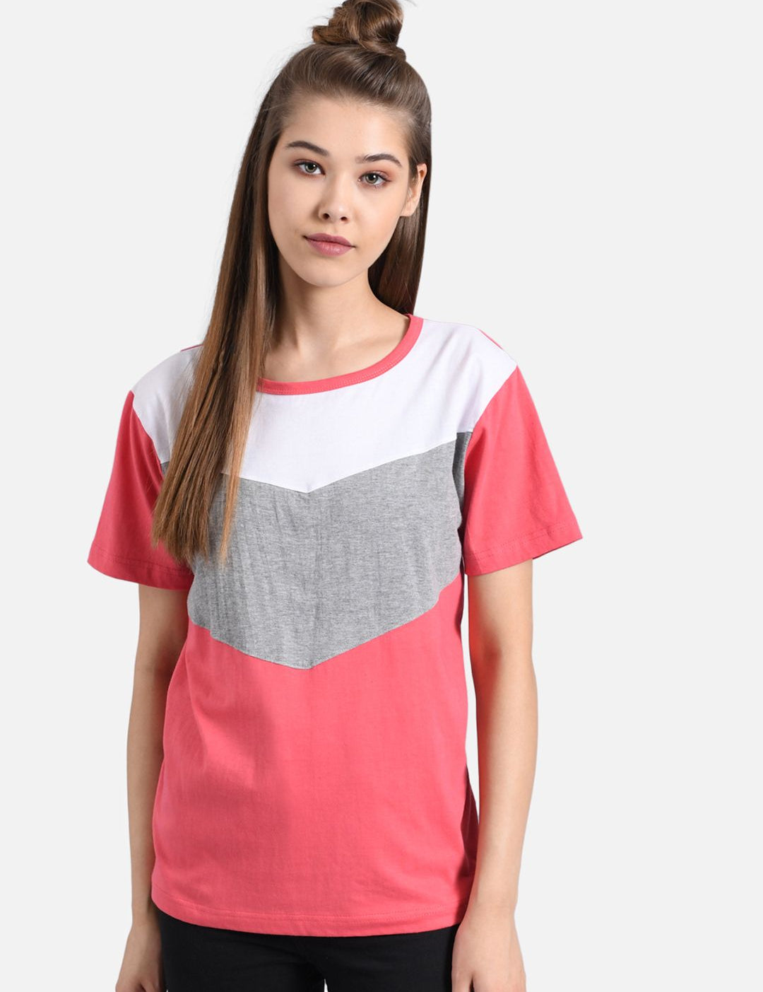 Kotty Women Pink Colourblocked Round Neck T-shirt