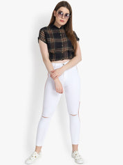 Kotty Women White Skinny Fit High-Rise Slash Knee Cropped Jeans