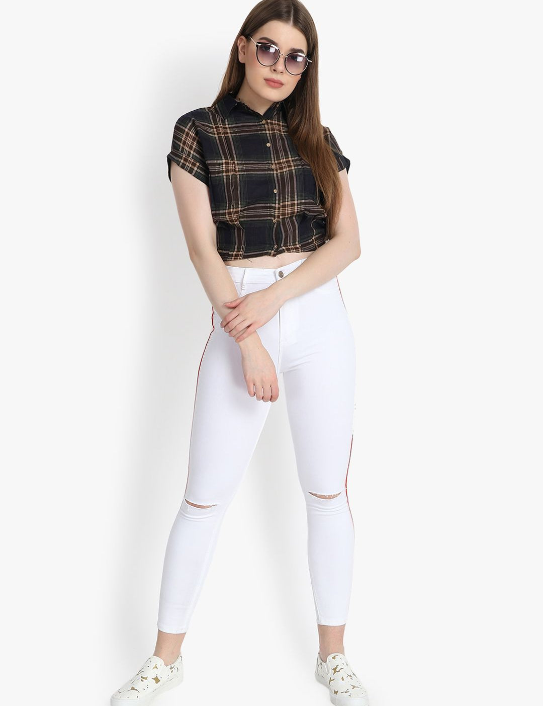 Kotty Women White Skinny Fit High-Rise Slash Knee Cropped Jeans