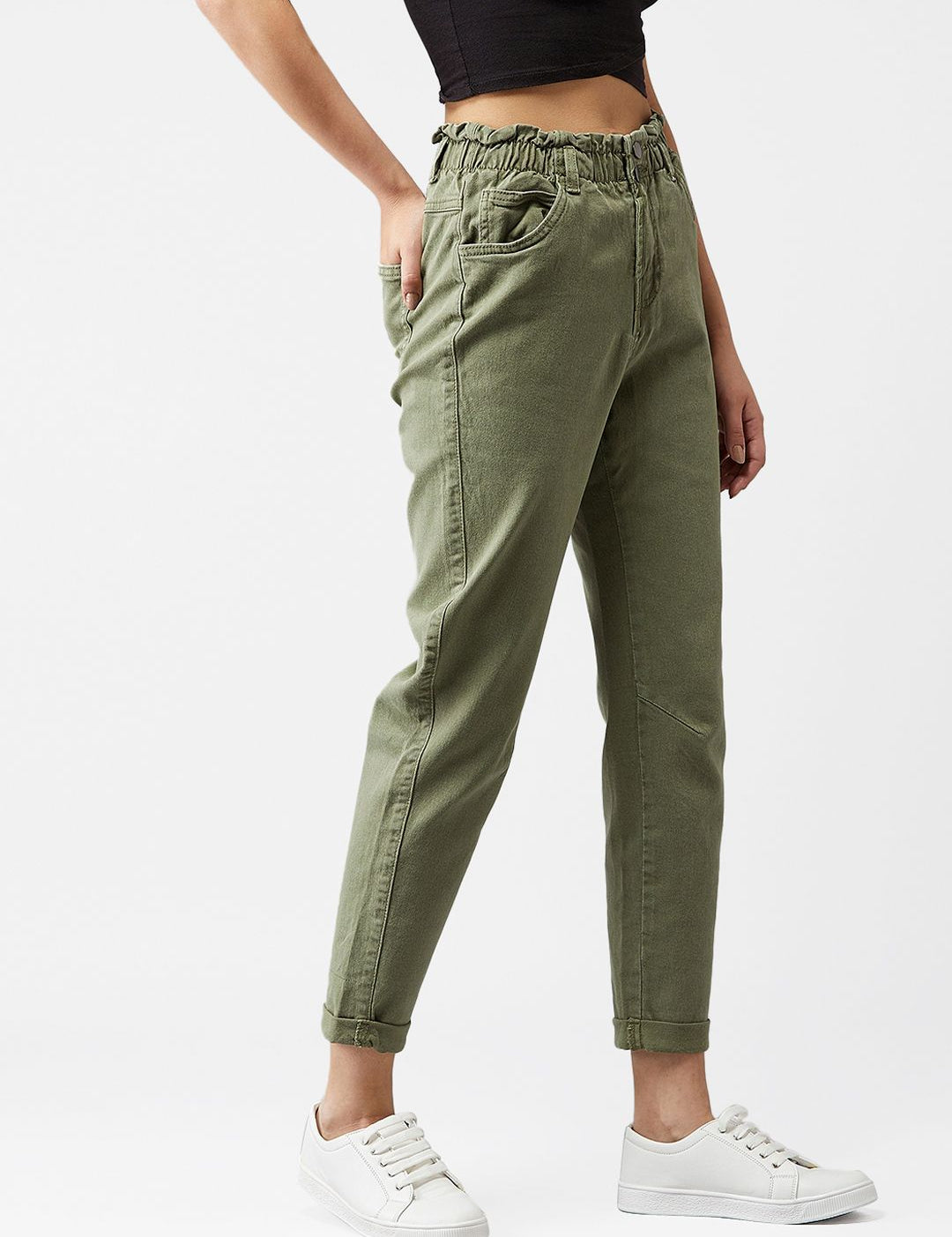 Kotty Women Olive Green Boyfriend Fit High-Rise Clean Look Jeans