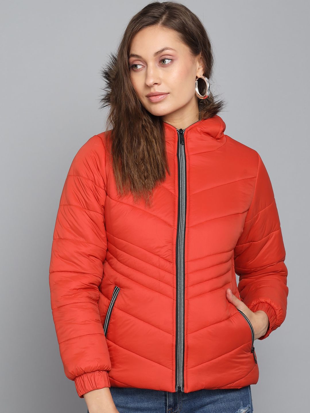 Kotty Women Orange Outdoor Hooded Puffer Jacket