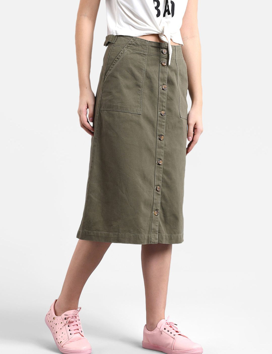 Kotty Women Olive Green Solid Denim Midi A-Line Skirt