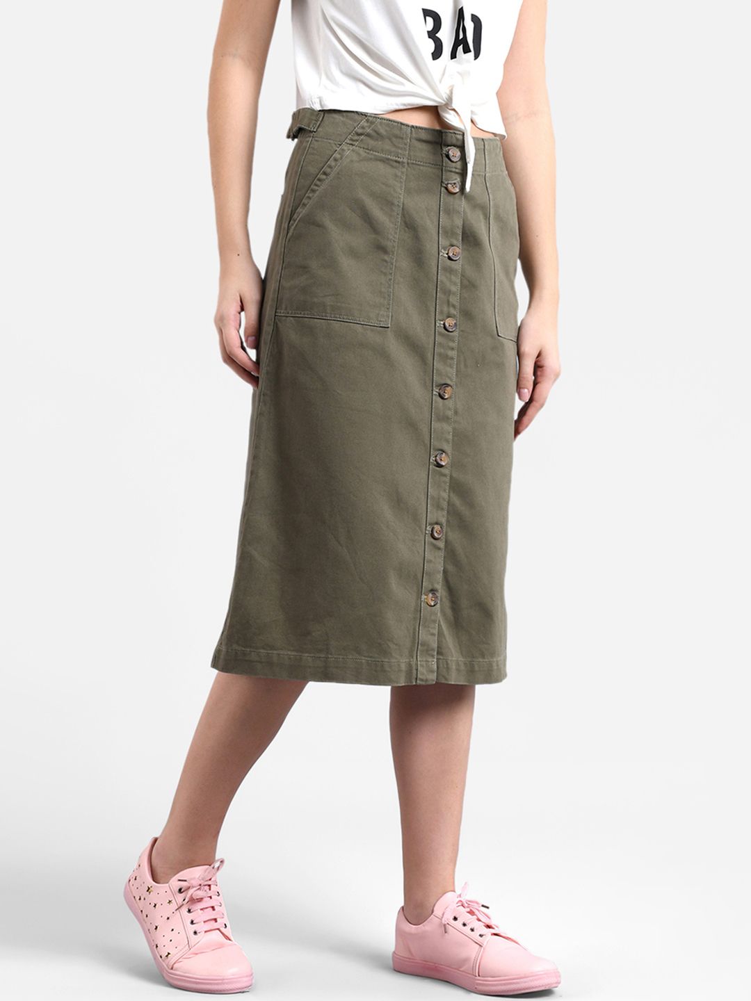 Kotty Women Olive Green Solid Denim Midi A-Line Skirt