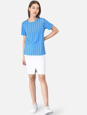 Kotty Women Blue & Orange Striped Round Neck T-shirt