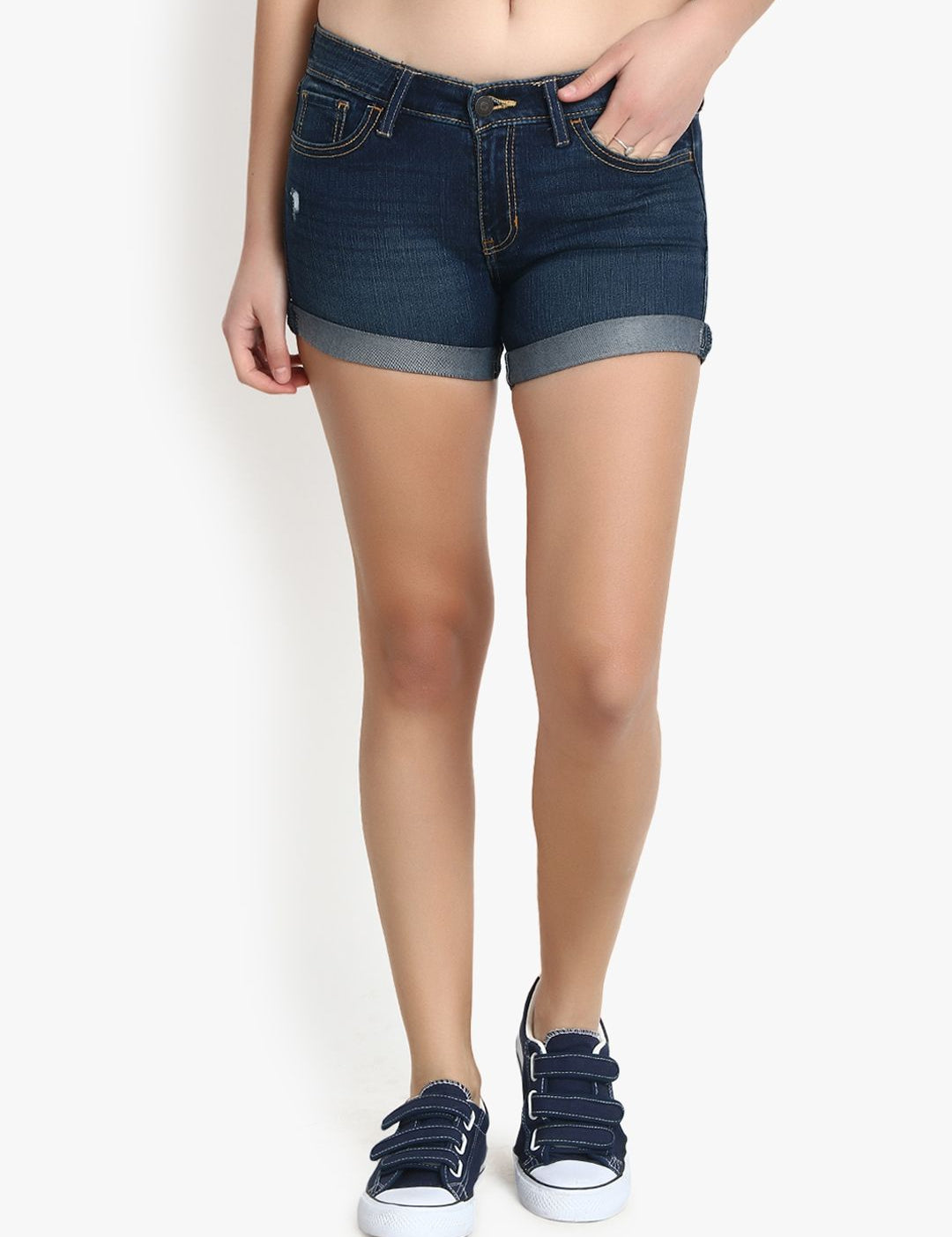 Kotty Women Navy Blue Washed Regular Fit Denim Shorts