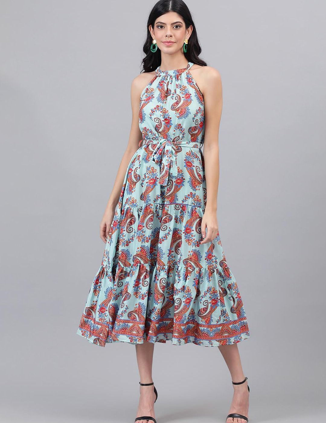 Kotty  Turoquise Blue and Orange Ethnic Printed Tiered Halter Neck Fit & Flare Dress