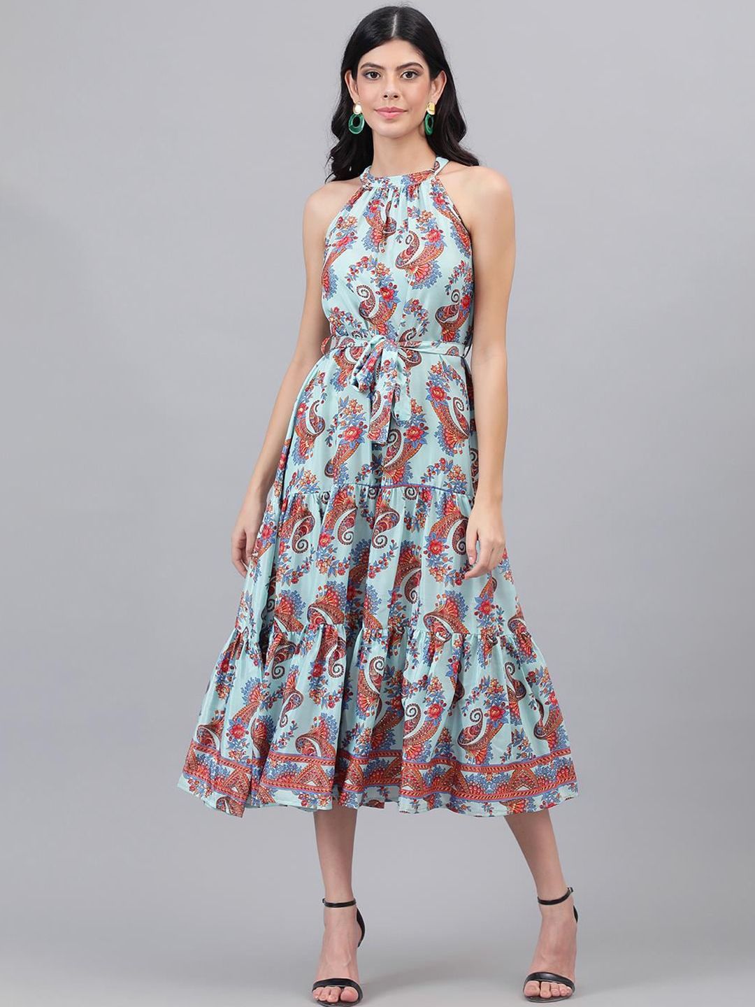 Kotty  Turoquise Blue and Orange Ethnic Printed Tiered Halter Neck Fit & Flare Dress