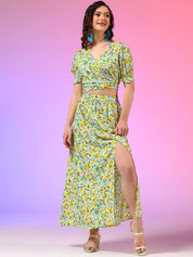 Kotty Yellow Floral Printed V-Neck Top With Skirt