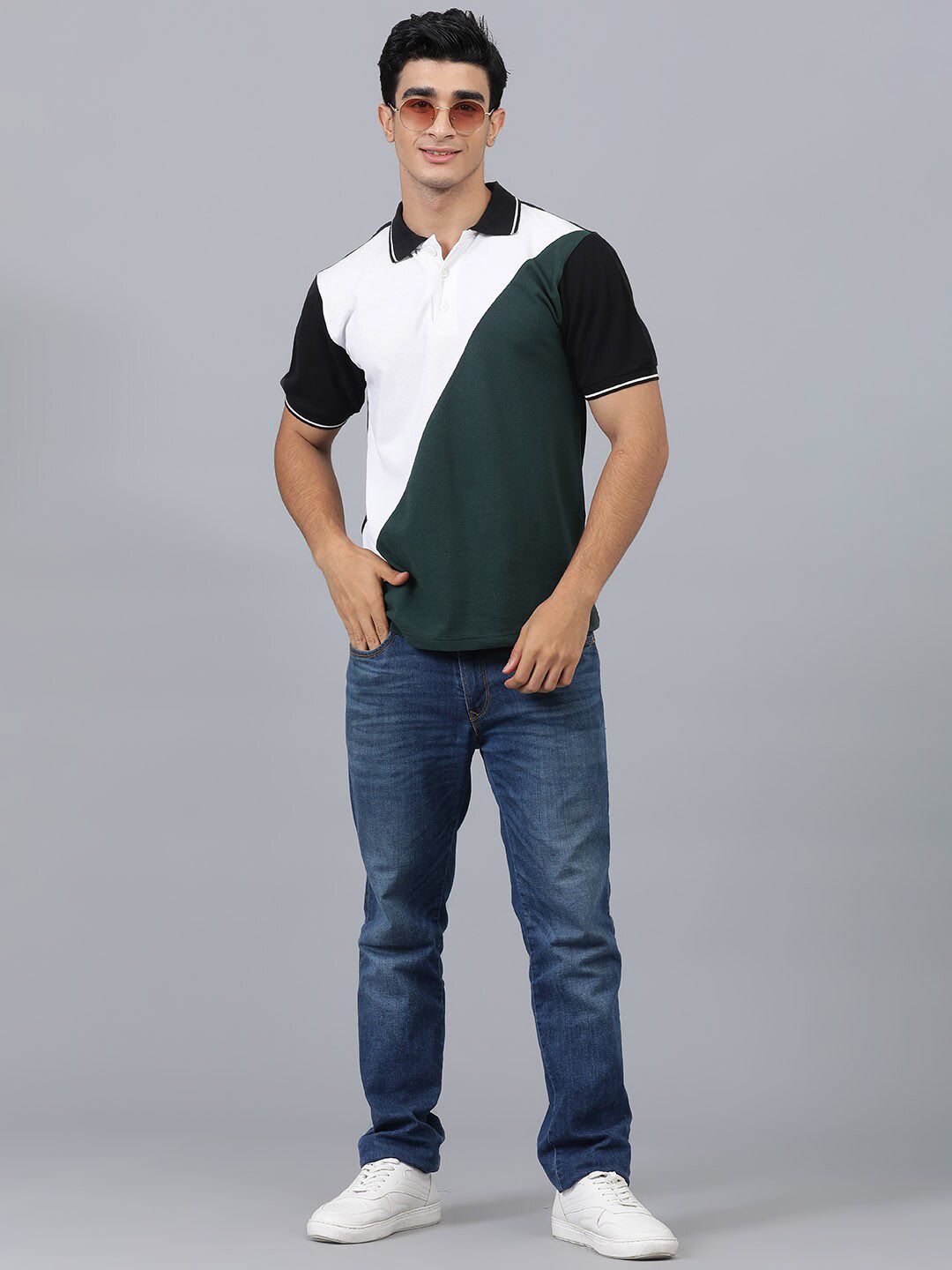 Kotty Colourblocked Polo Collar Regular Fit Cotton T-Shirt
