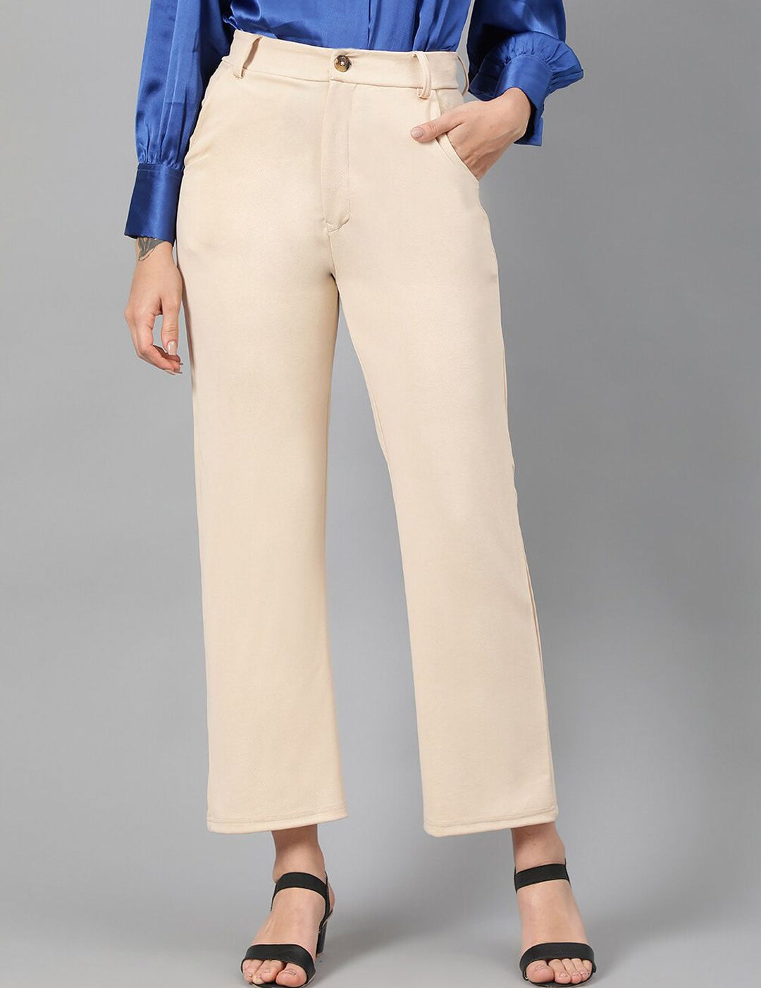 KOTTY BIZwear Women Beige Relaxed Straight Leg Fit High-Rise Easy Wash Trousers