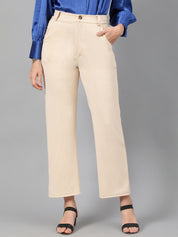 KOTTY BIZwear Women Beige Relaxed Straight Leg Fit High-Rise Easy Wash Trousers