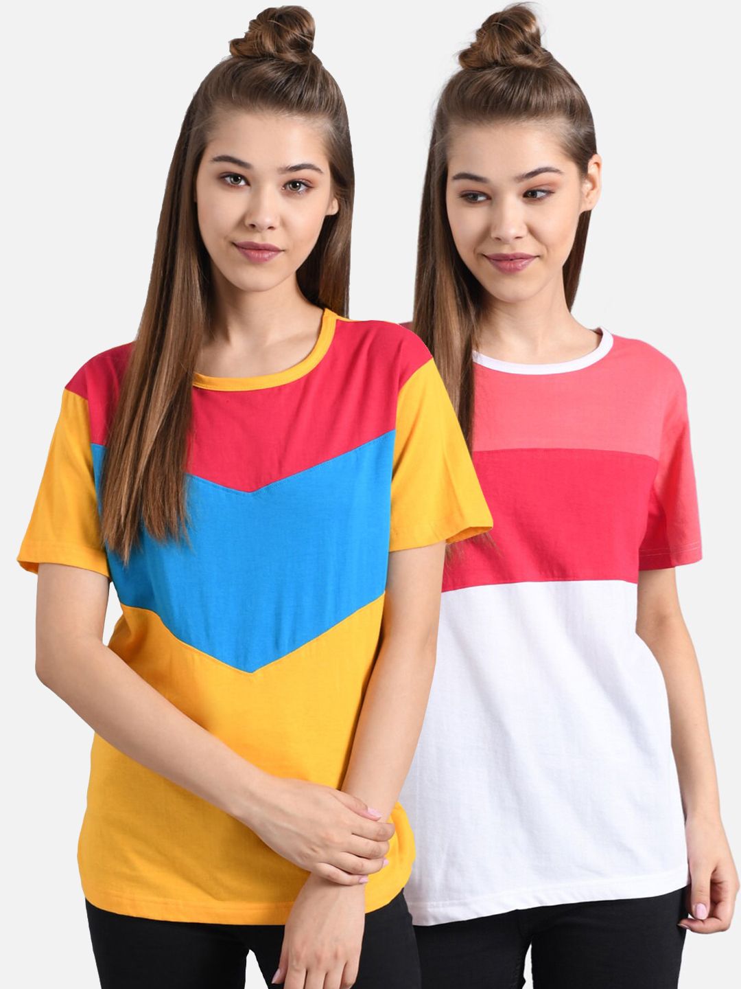 Kotty Women Pack Of 2 Colourblocked Round Neck T-shirts