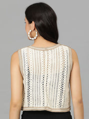 Kotty Floral Self Design Crochet V-Neck Crop Top