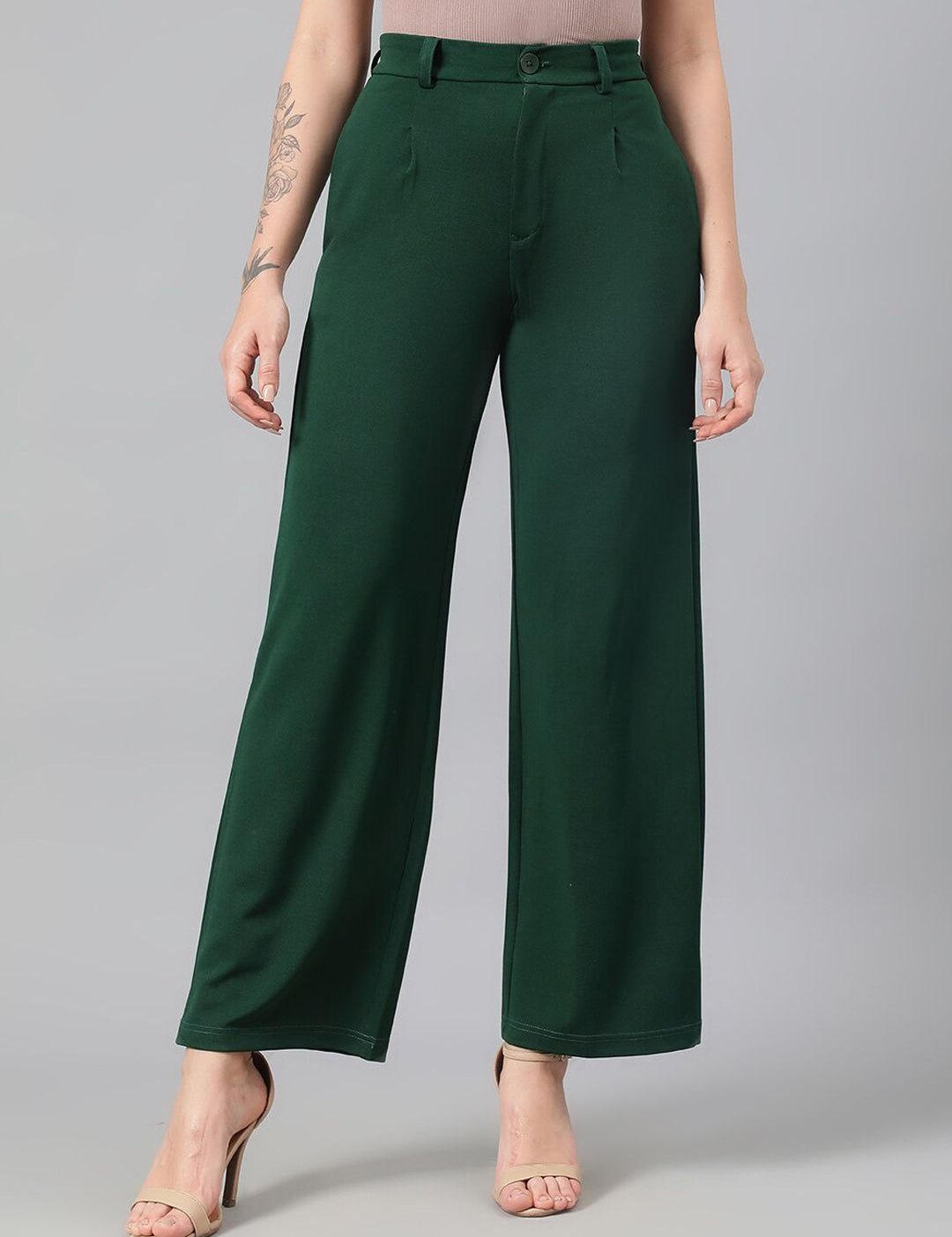 KOTTY BIZwear Women Green Relaxed Straight Leg Fit High-Rise Easy Wash Parallel Trousers