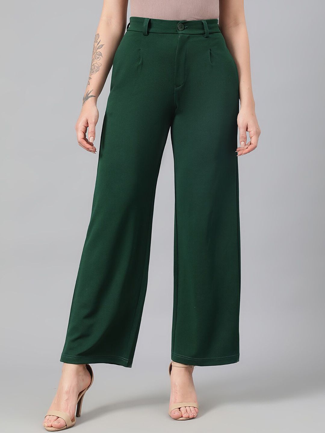 KOTTY BIZwear Women Green Relaxed Straight Leg Fit High-Rise Easy Wash Parallel Trousers