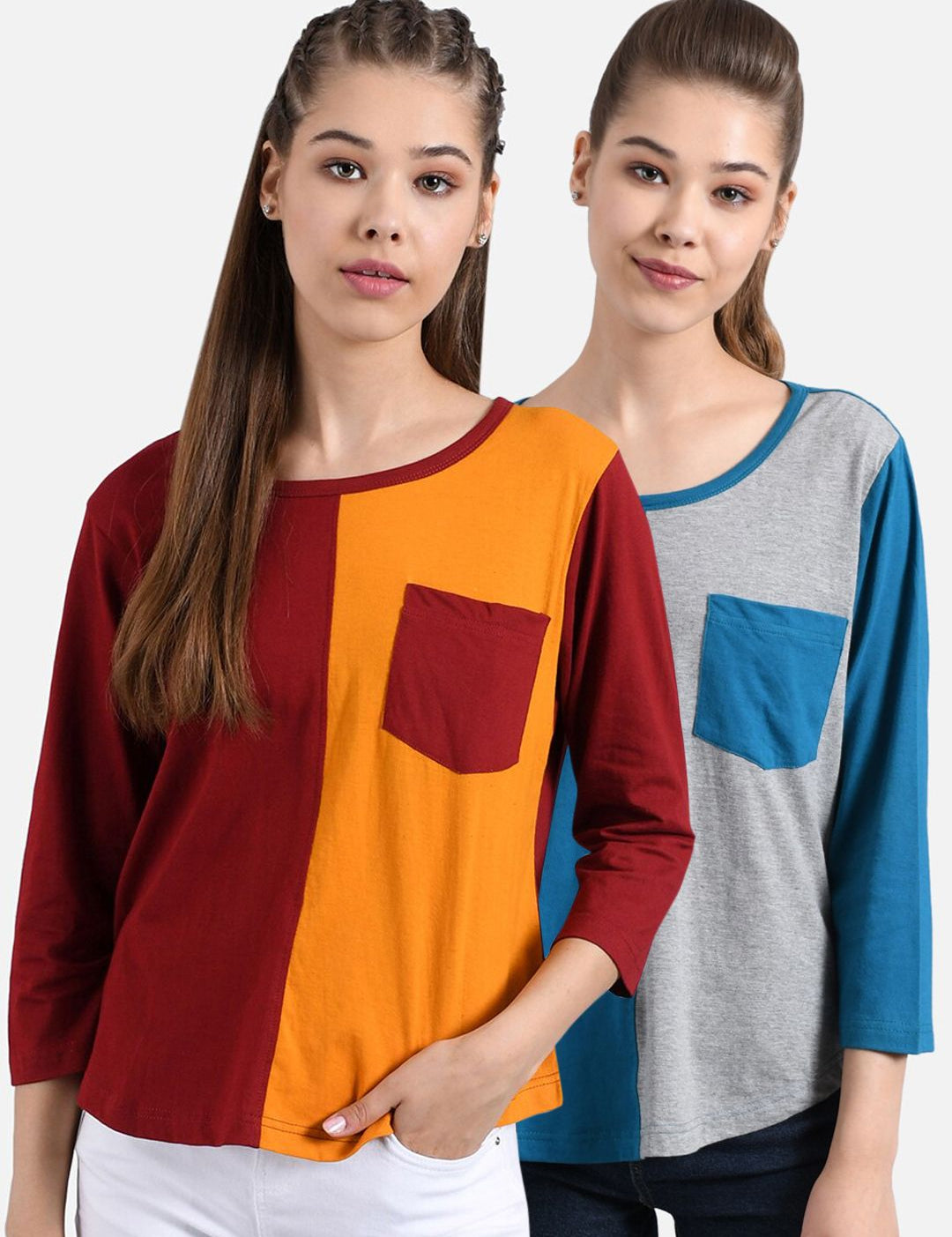 Kotty Women Pack Of 2 Multicoloured Colourblocked Round Neck T-shirts