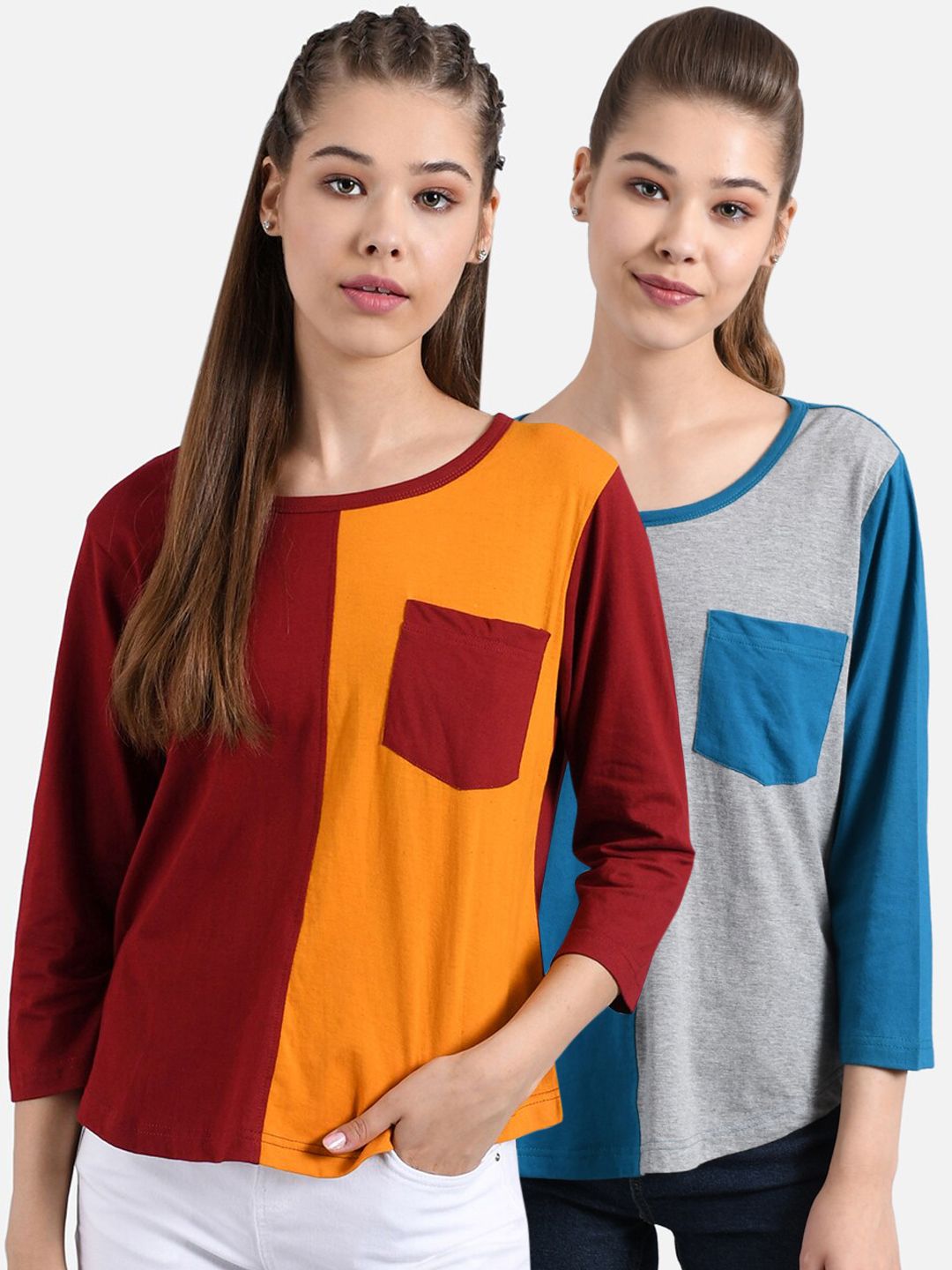 Kotty Women Pack Of 2 Multicoloured Colourblocked Round Neck T-shirts