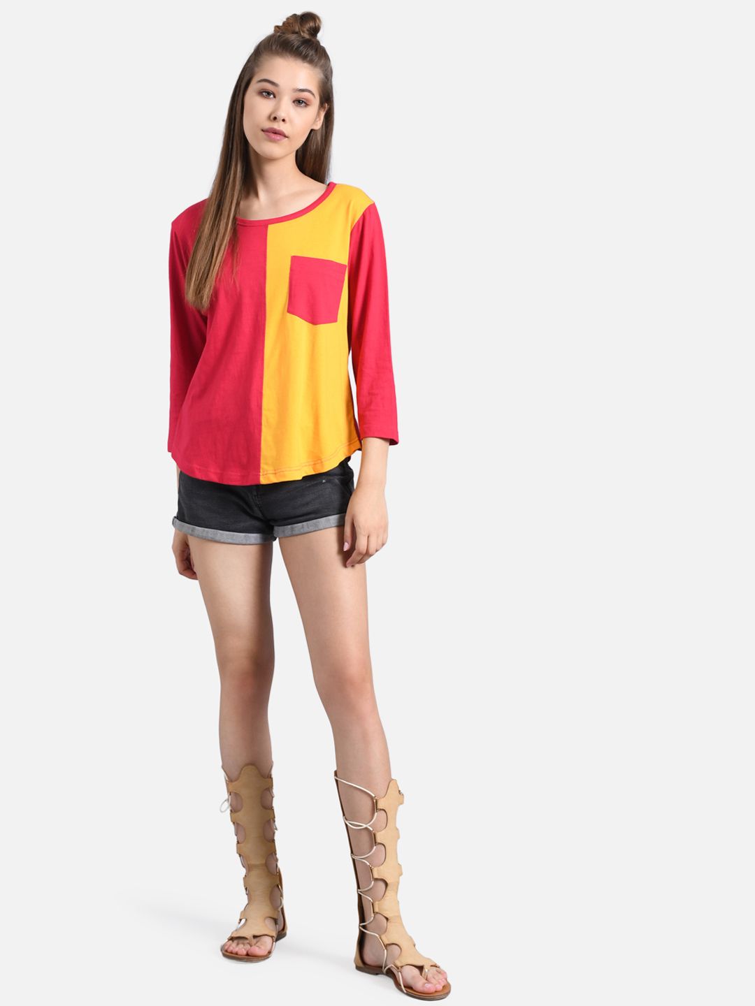 Kotty Women Pink & Yellow Colourblocked Round Neck T-shirt