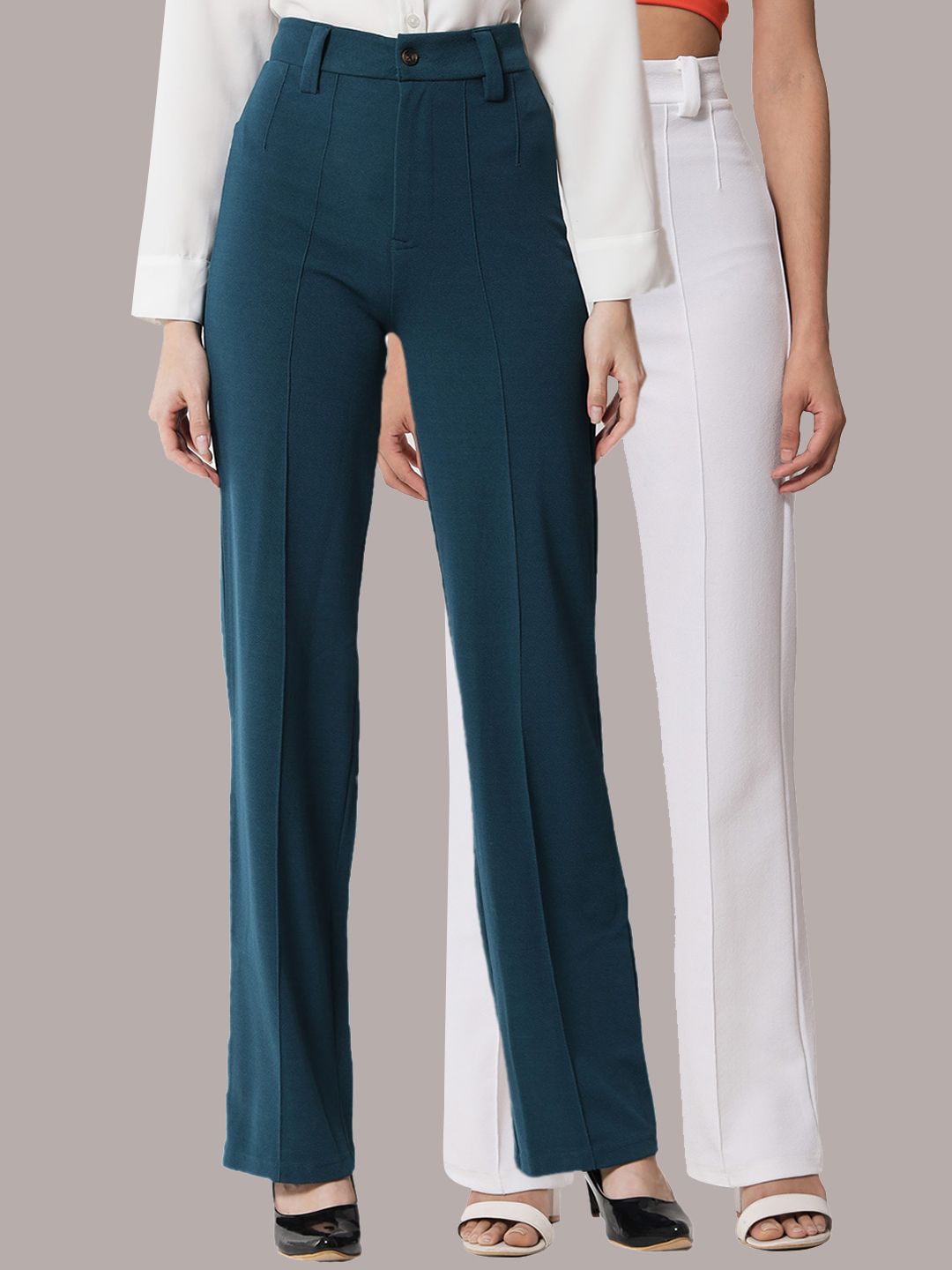 Kotty Women Pack Of 2 Relaxed Straight Leg Fit High-Rise Easy Wash Trousers